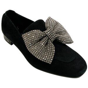 Laurence Dacade Black Suede Angela Loafers with Crystal Embellished Bow